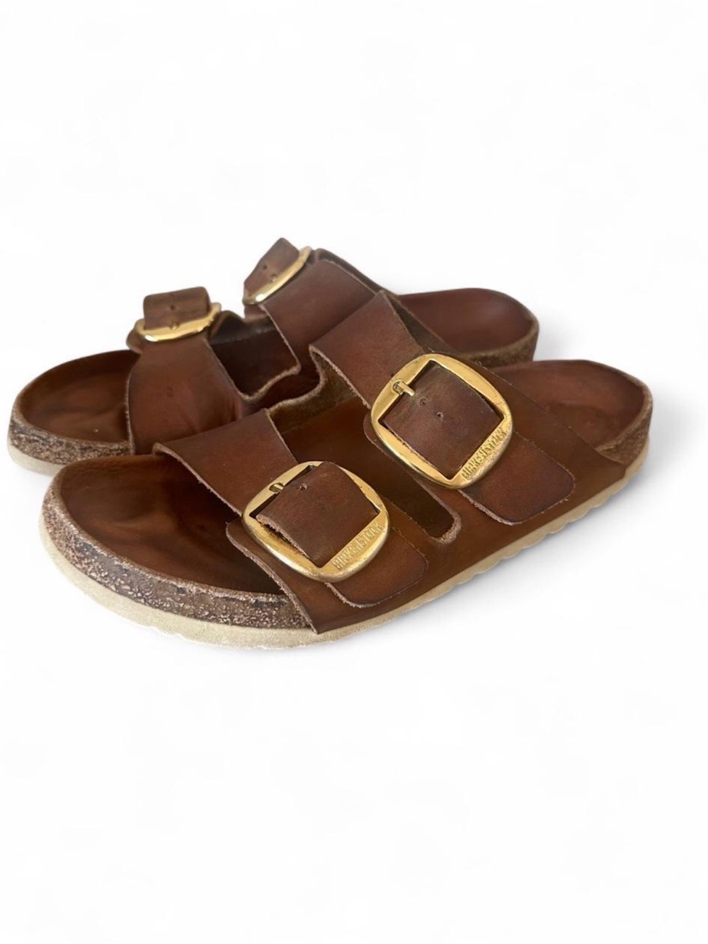Birkenstock Brown Leather Two-Strap Sandals with Gold Buckles